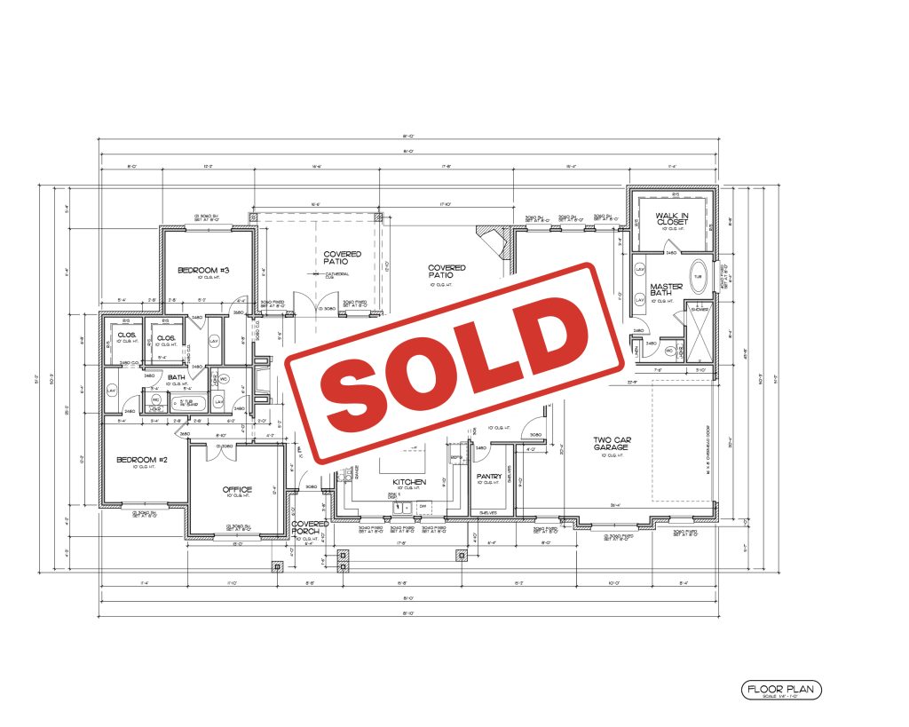 Floor plan of a custom home, with the word SOLD over the top of it.