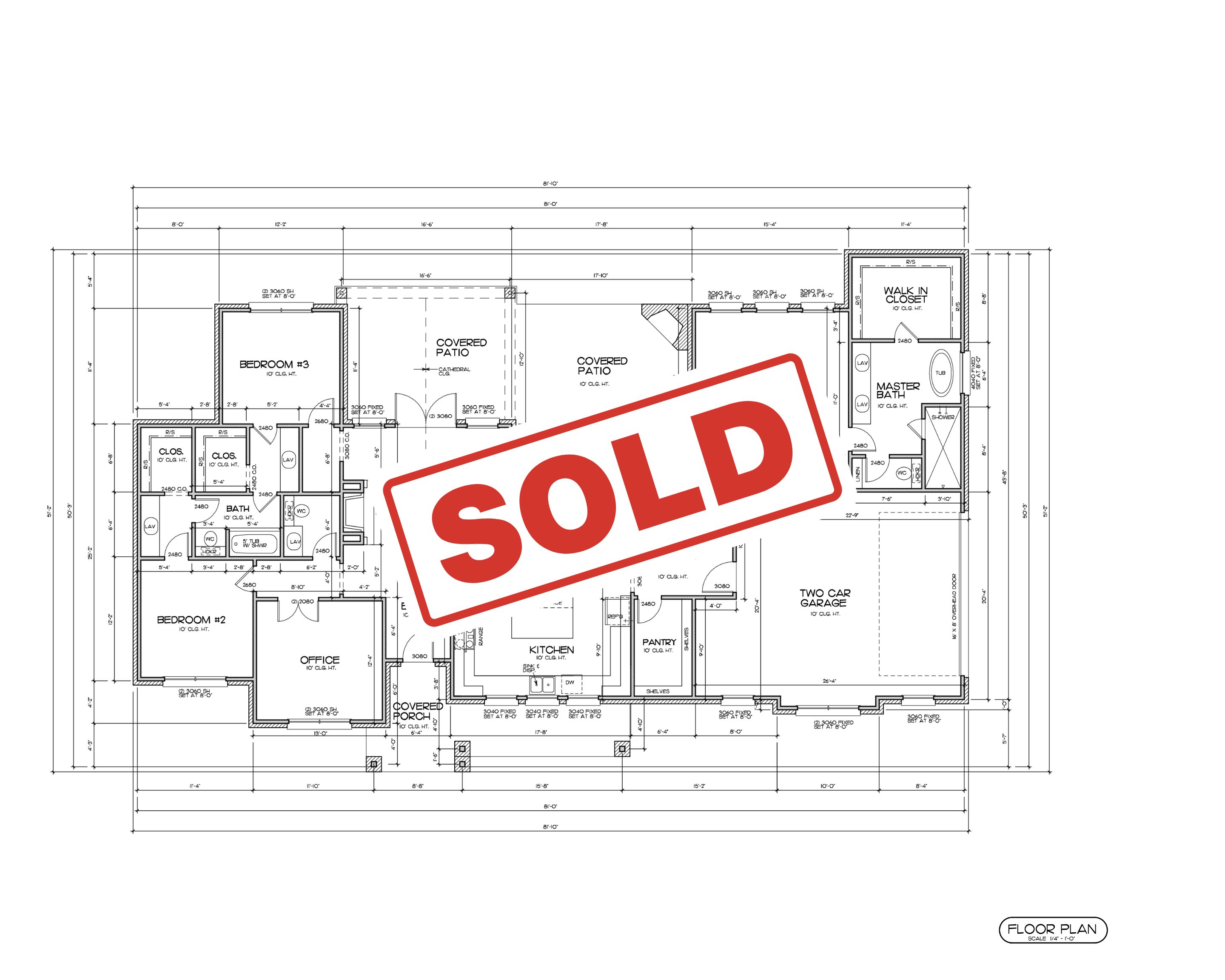Floor plan of a custom home, with the word SOLD over the top of it.