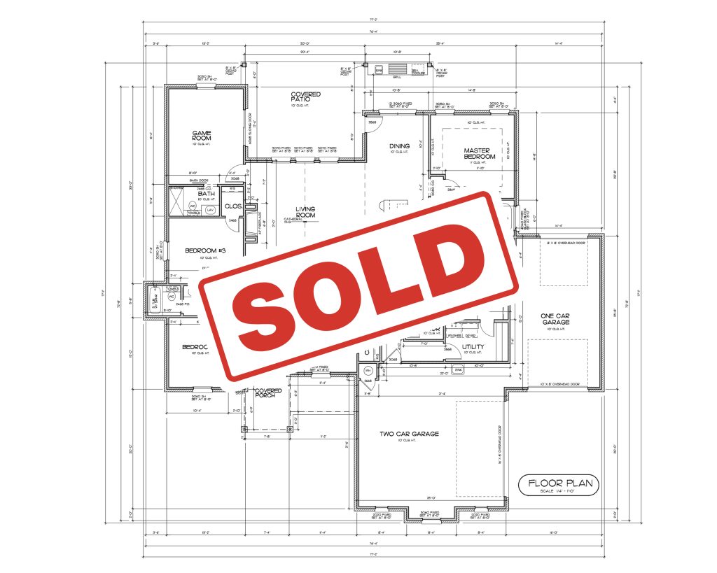 Floor plan for a custom home, with the word SOLD over the top of it.