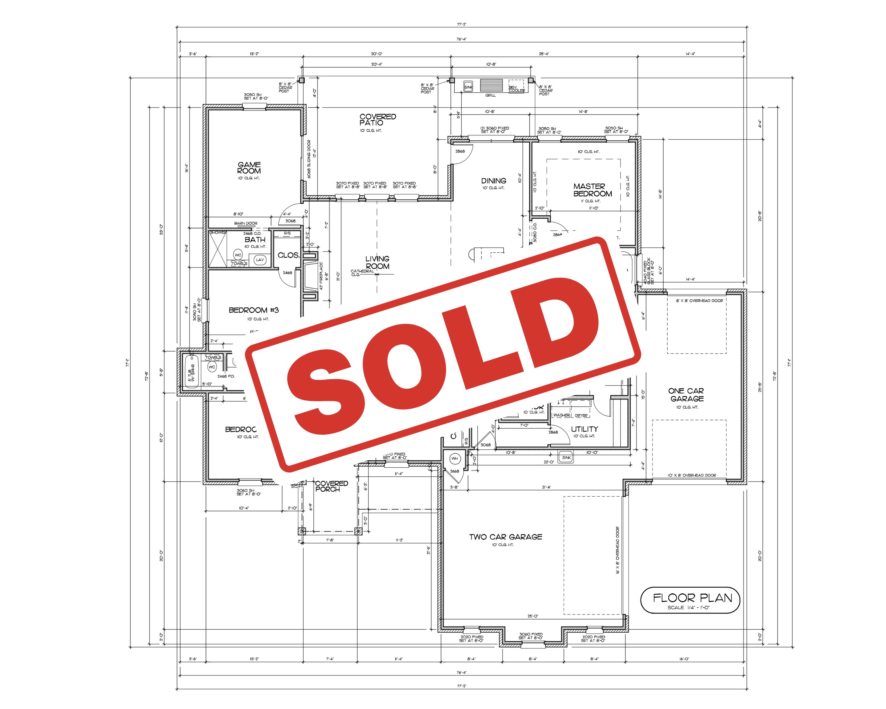 Floor plan for a custom home, with the word SOLD over the top of it.