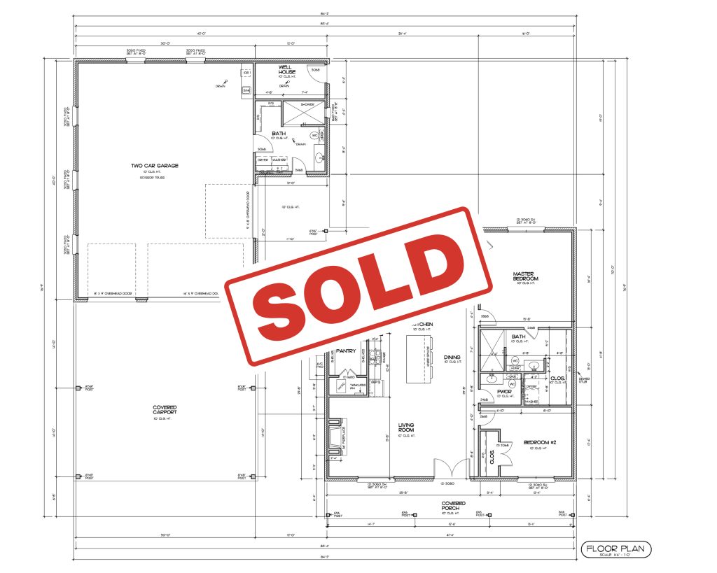 Floor plan for a custom home, with the word SOLD over the top of it.