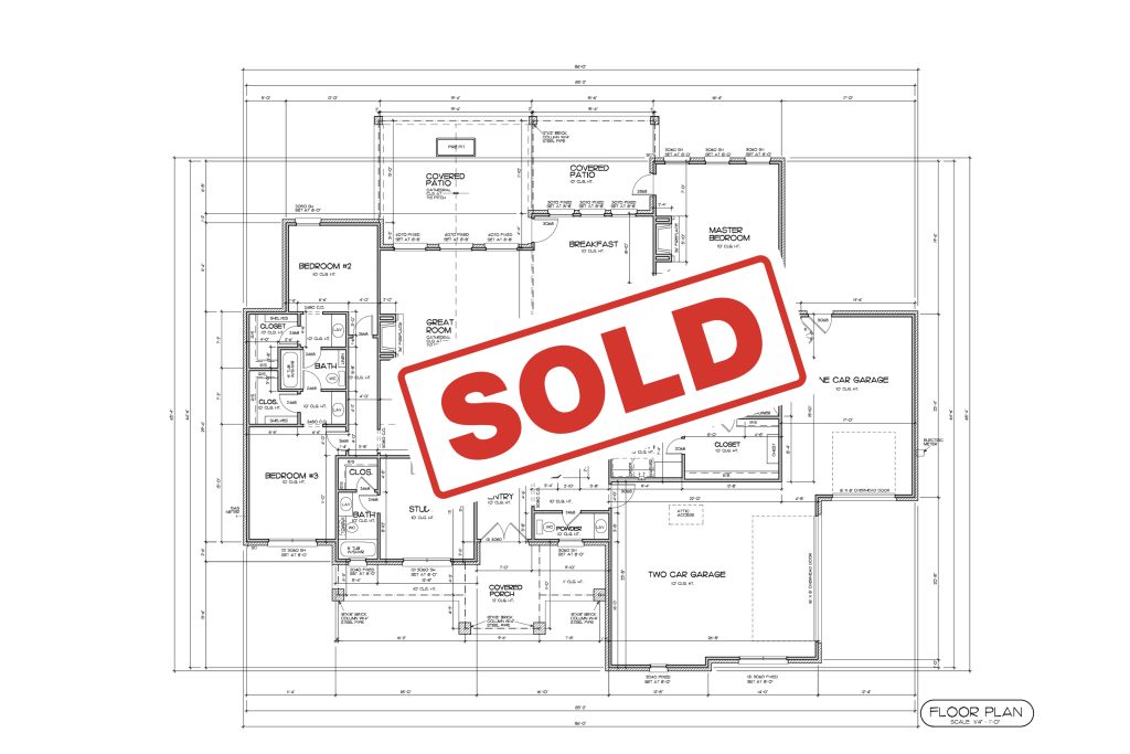 Floor plan for a custom home, with the word SOLD over the top of it.