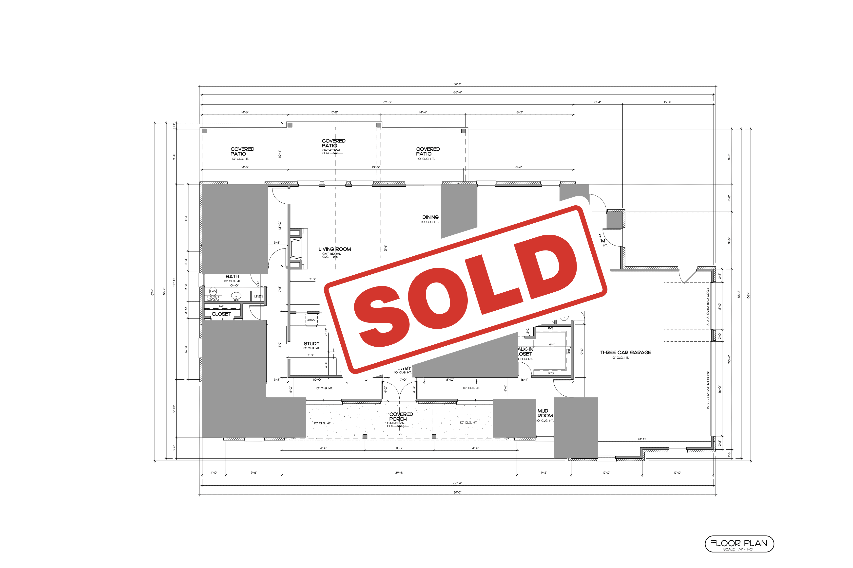 Floor plan for a custom home, with the word SOLD over the top of it.